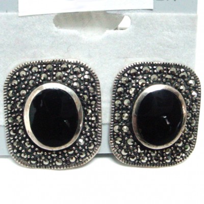 Marcasite Earring Square Post with Oval Onyx