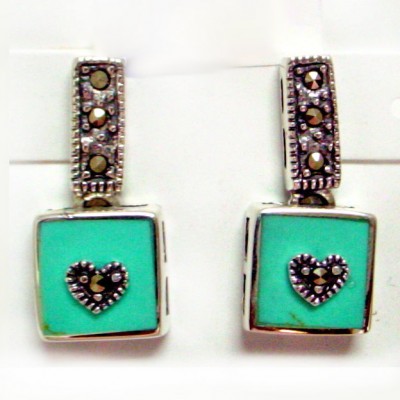 Marcasite Earring Square Faux Turquoise with Heart Over