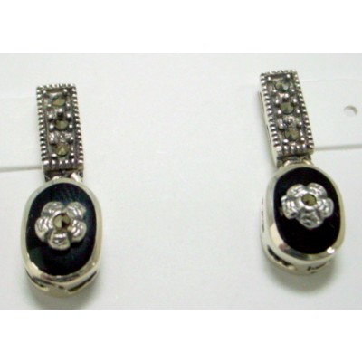 Marcasite Earring Oval Ony with Flower Over