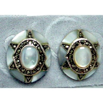 Marcasite Earring Oval Mother of Pearl Marcasite Radiating