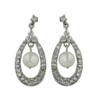 Sterling Silver Earring Open Clear Cubic Zirconia Teardrop with Dangling 6-7