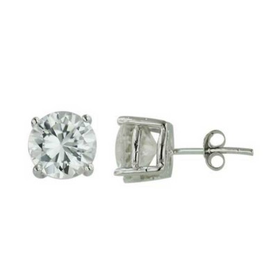 Sterling Silver Earring 9X9 mm Round Clear Non-Rhodium Plating