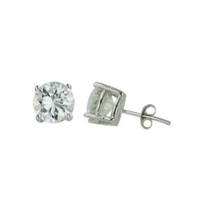 Sterling Silver Earring 9X9 mm Round Clear Rhodium Plating Plated