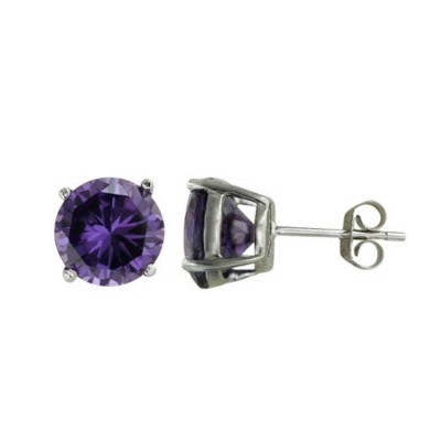 Sterling Silver Earring 8Mm Amethyst Cubic Zirconia Round Stud