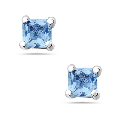 Sterling Silver Earring Aqua Marine Glass Square Princess Cut 7Mm Stud
