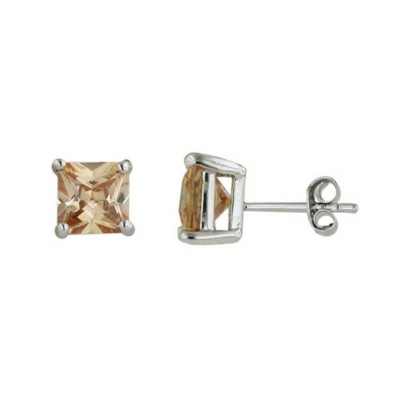 Sterling Silver Earring Champagne Cubic Zirconia Square Princess Cut 7Mm Stud