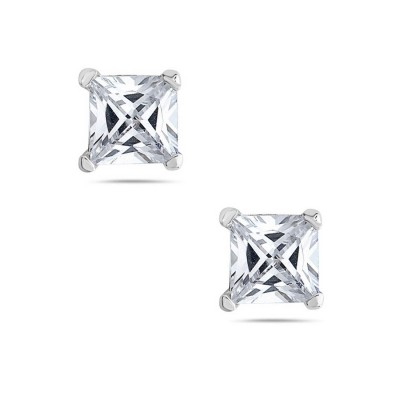 Sterling Silver Earring Clear Cubic Zirconia Square Princess Cut 7mm Stud