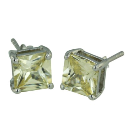 Sterling Silver Earring Canary Yellow Cubic Zirconia Square Princess Cut 7mm Stud