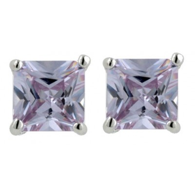 Sterling Silver Earring Clear Cubic Zirconia Square Princess Cut 7mm Stud