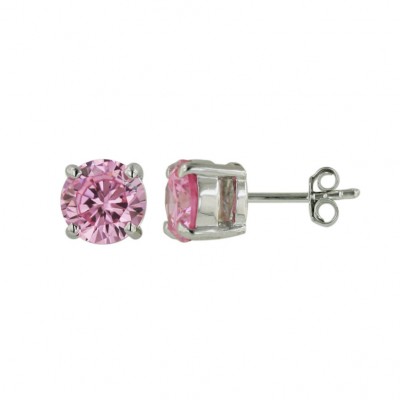 Sterling Silver Earring Pink Cubic Zirconia Round 7mm Stud