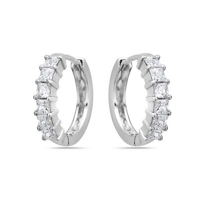 Sterling Silver Earring 6 Clear Cubic Zirconia Square Princess Cut Huggies--Rhodium Plating/Nickle Free-