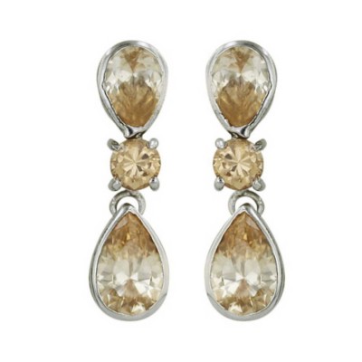 Sterling Silver Earring Double Champagne Cubic Zirconia Teardrop with Round Cubic Zirconia Center