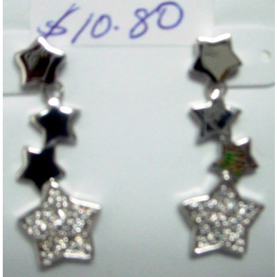 Sterling Silver Earring 3 Plain + 1 Clear Cubic Zirconia Pave Stars