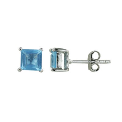 Sterling Silver Earring 5mm Square Princess Cut Aqua Marine Glass