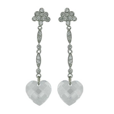 Sterling Silver Earring Flower Top Heart Clear Cubic Zirconia Drop