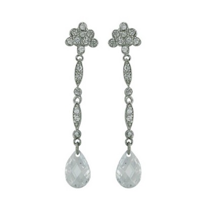 Sterling Silver Earring Flower Top Tear Drop Clear Cubic Zirconia