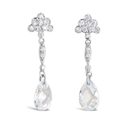 Sterling Silver Earring Flower Top Tear Drop Clear Cubic Zirconia