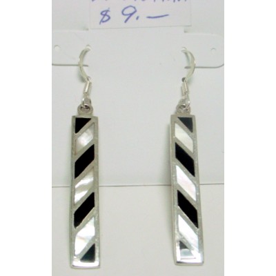 Sterling Silver Earring Rectangular Onyx+ Mother of Pearl Inlaid Slanted