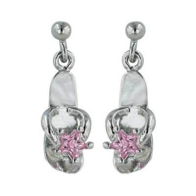 Sterling Silver Earring Plain Flipflop with Pink Cubic Zirconia Star Thong