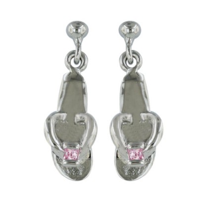 Sterling Silver Earring Plain Flipflop with Square Pink Cubic Zirconia Thong
