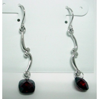 Sterling Silver Earring Chess Cut Garnet Cubic Zirconia Cushion Dangle with Fish Hoo