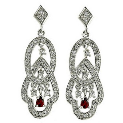 Sterling Silver Earring Pave Rhombus+Open Oval+Mix Shape with Garnet +Clear