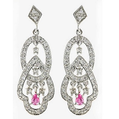 Sterling Silver Earring Pave Rhombus+Open Oval+Mix Shape with Pink+Clear