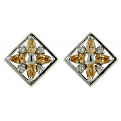 Sterling Silver Earring 4 Champagne Cubic Zirconia Marquis Petals Flower+Clear Cubic Zirconia 4 Sided