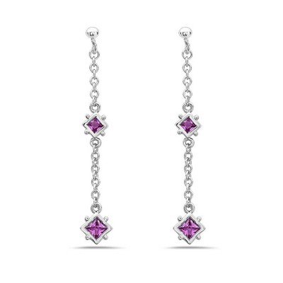 Sterling Silver Earring 2 Fuchsia Corundum Square Bezel Links with Chai