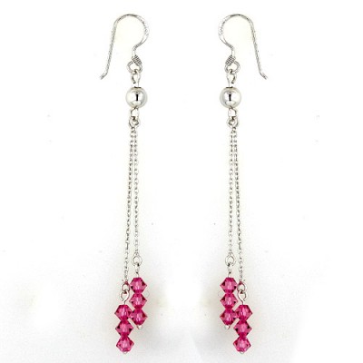 Sterling Silver Earring 2 Chain with 3 Pink Crystal Bead with Fish Wir