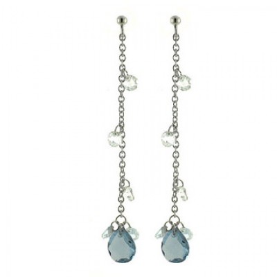 Sterling Silver Earring Chess Cut Tear Drop Aqua Glass+5 Small Clear Cubic Zirconia