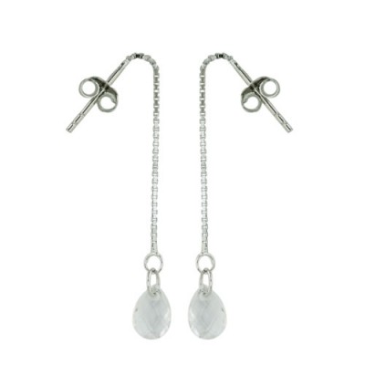 Sterling Silver Earring Clear Cubic Zirconia Chess Cut Tear Drop with Box Chain
