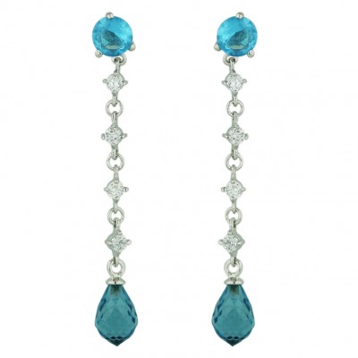 Sterling Silver Earring 6mm Aqua Marine Round+Aqua Marine Broilette Dangle