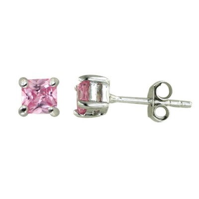 Sterling Silver Earring 4mmx4mm Square Pink Cubic Zirconia Stud