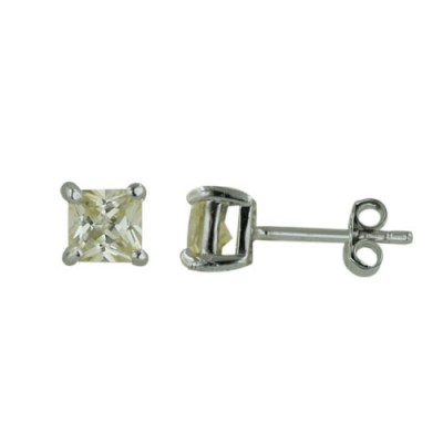 Sterling Silver Earring 5mmx5mm Square Canary Yellw Cubic Zirconia Stud