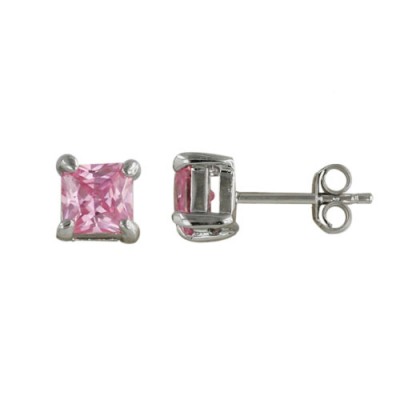 Sterling Silver Earring 5mmx5mm Square Pink Cubic Zirconia Stud