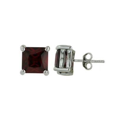 Sterling Silver Earring 8mmx8mm Square Garnet Cubic Zirconia Stud