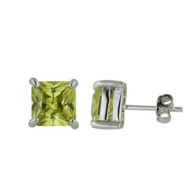 Sterling Silver Earring 8mmx8mm Square Light Oli. Cubic Zirconia Stud