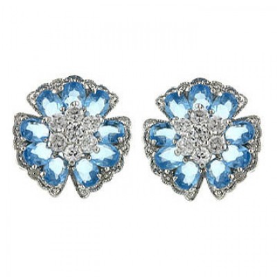Sterling Silver Earring Aqua Marine Glass Flower with Clear Cubic Zirconia Ctr