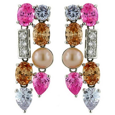 Sterling Silver Earring Lv+Pink+Champagne Cubic Zirconia Geometric with Clear Cubic Zirconia Bar+Peach