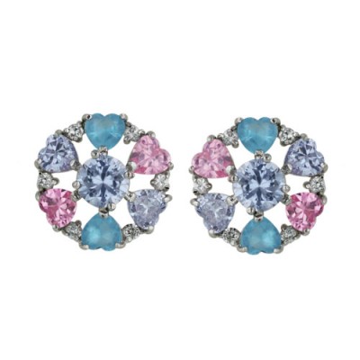 Sterling Silver Earring 6mm Round Lv Cubic Zirconia Ctr with Pink+Lv Cubic Zirconia+Aqua Marine Glass H