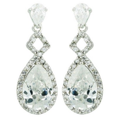 Sterling Silver Earring 14X8mm+6X4mm Clear Cubic Zirconia Tear Drop+Cubic Zirconia Around