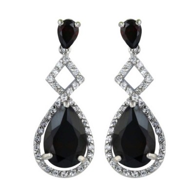 Sterling Silver Earring 14X8mm+6X4mm Garnet Cubic Zirconia Tear Drop+Cubic Zirconia Around