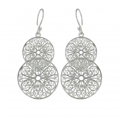 Sterling Silver Earring 21+16mm Plain Open Round with Butterfly+Flower