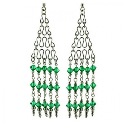 Sterling Silver Earring Half Rhombus with Emerald Green Cubic Zirconia Bead Chan