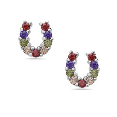 Sterling Silver Earring Horseshoe Mixed Cubic Zirconia