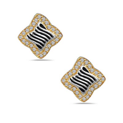 Sterling Silver Earring Two Tone 13mm Clear Cubic Zirconia Square Stud