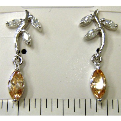 Sterling Silver Earring 3 Cubic Zirconia Marquis with Champagne Cubic Zirconia Dangle