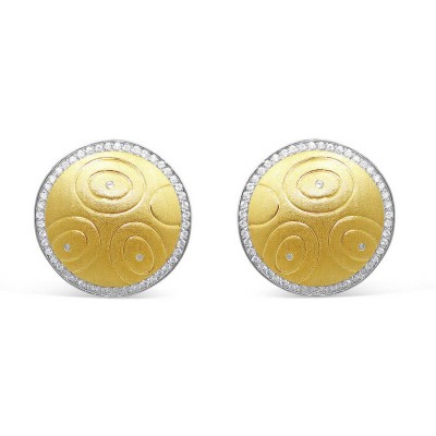 Sterling Silver Earring 24mm 2 Tone Gold Round with Clear Cubic Zirconia Around Matt