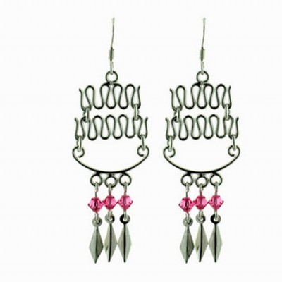 Sterling Silver Earring Up+Down Lines with Pink Crystal Drops